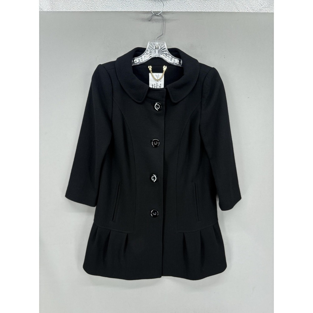 Tibi Coat 2 Black Virgin Wool Pleated Hem 3/4 Sleeve Peter Pan Collar Jacket